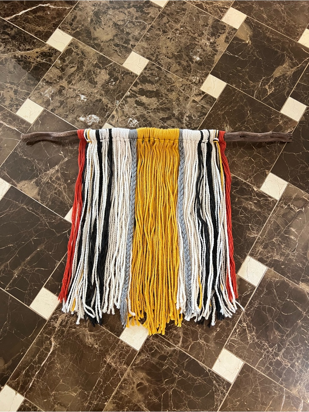 Handmade Mustard Yellow and Multi-Color Yarn Wall Hanging